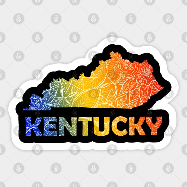 Colorful mandala art map of Kentucky with text in blue, yellow, and red Sticker by Happy Citizen